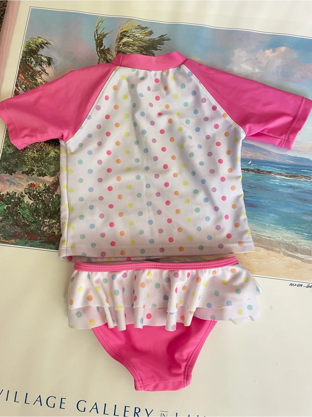 Disney Minnie Mouse Polka Dot Ruffle Two Piece Swimsuit Rashguard Bikini Set